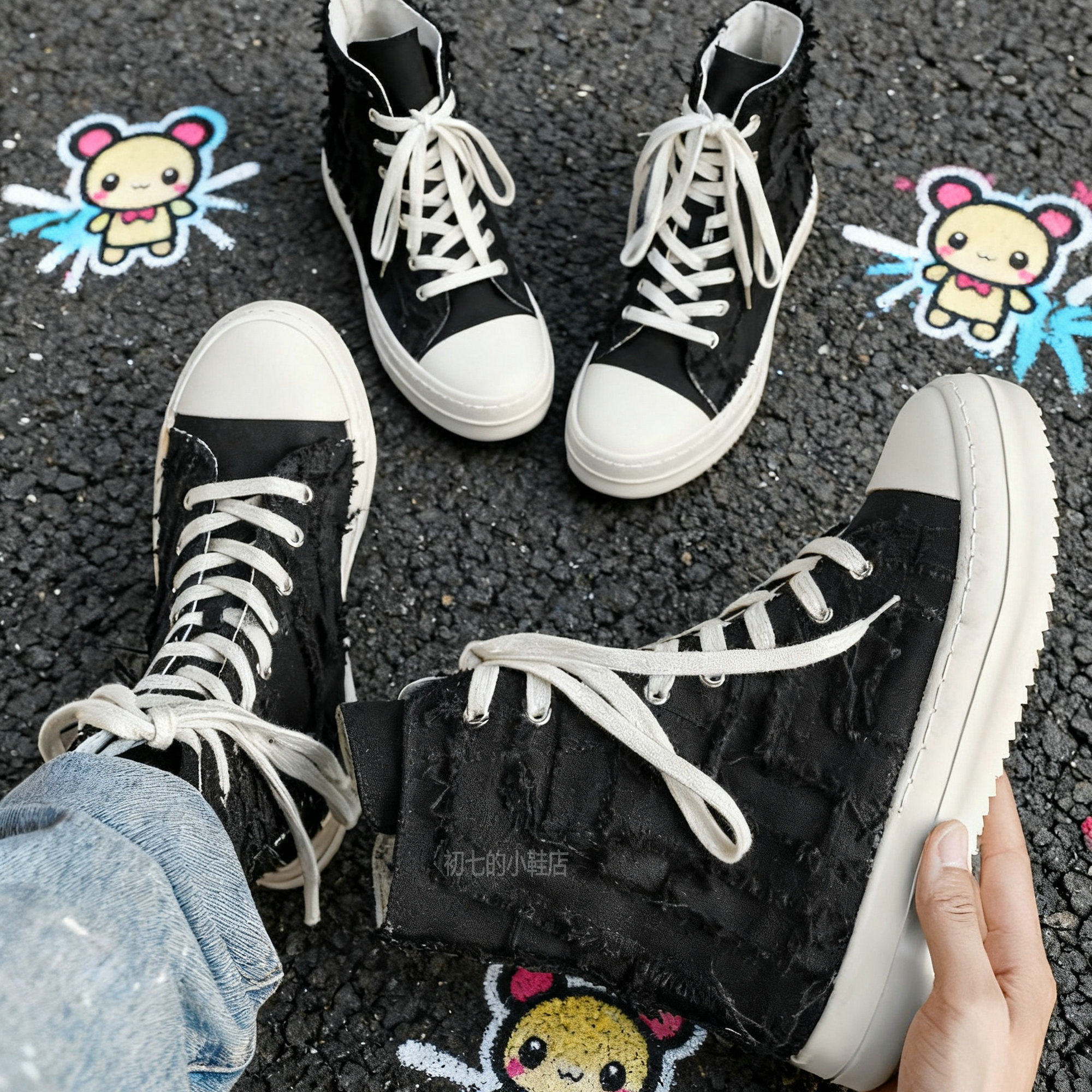 高帮帆布鞋男鞋小众美式板鞋原创痞帅个性破碎黑色厚底马丁靴欧美