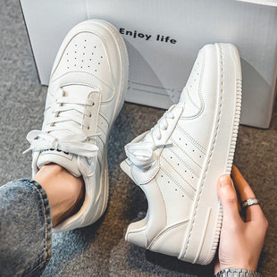 皮面纯白时尚 2025透气厚底白色简约休闲鞋 韩版 板鞋 男士 男鞋 小白鞋