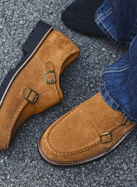 男士皮鞋复古孟克鞋磨砂翻毛棕色英伦风僧侣鞋休闲美式德比鞋真皮