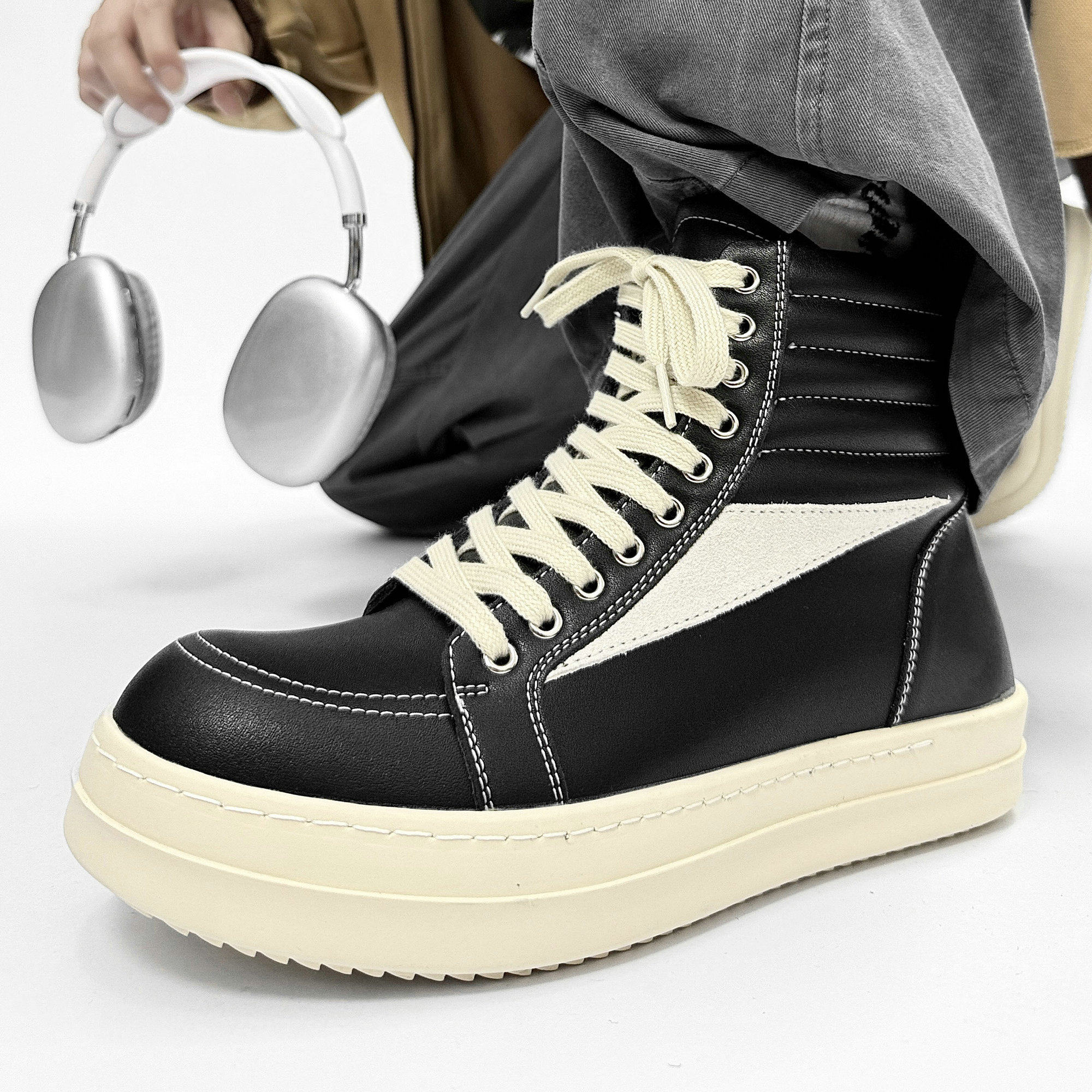 美式板鞋男鞋高帮面包鞋休闲厚底短靴子欧美帆布鞋小众机车马丁靴