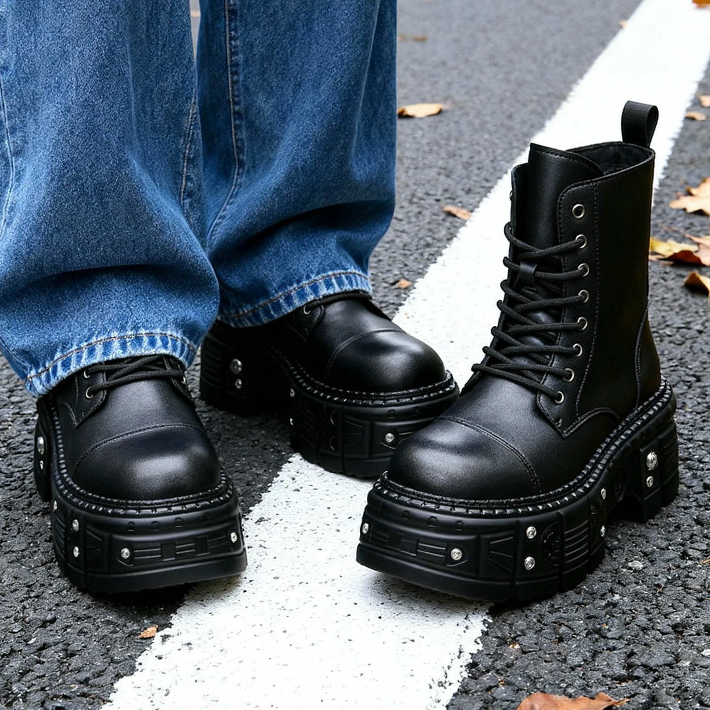 马丁靴男鞋欧美潮靴子真皮黑色高级感厚底增高8厘米痞帅高帮皮靴