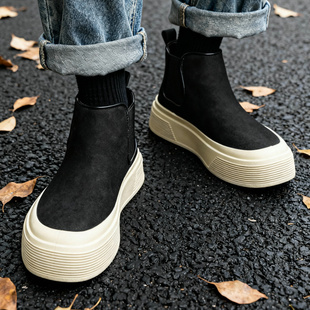 切尔西靴男款英伦马丁靴一脚蹬短靴中帮短筒百搭小众时尚厚底板鞋