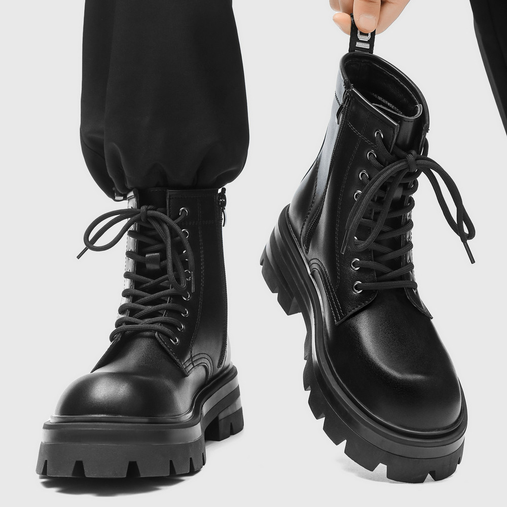 马丁靴男士黑色高级感高帮皮靴长筒痞帅厚底增高百搭高筒机车短靴