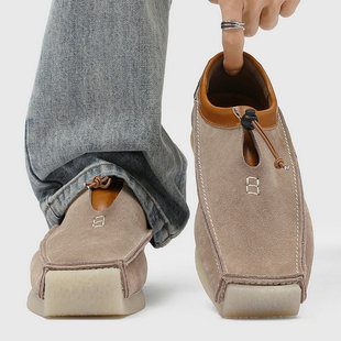 男士皮鞋方头小众豆豆鞋真皮单鞋软底法式原创平头复古乐福鞋夏季