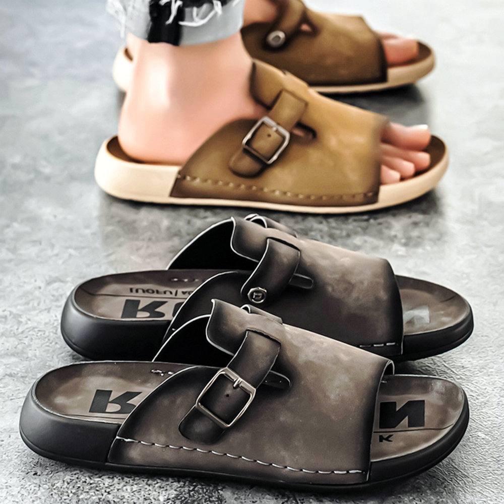 真皮高級感~軟底舒適時尚一字拖~