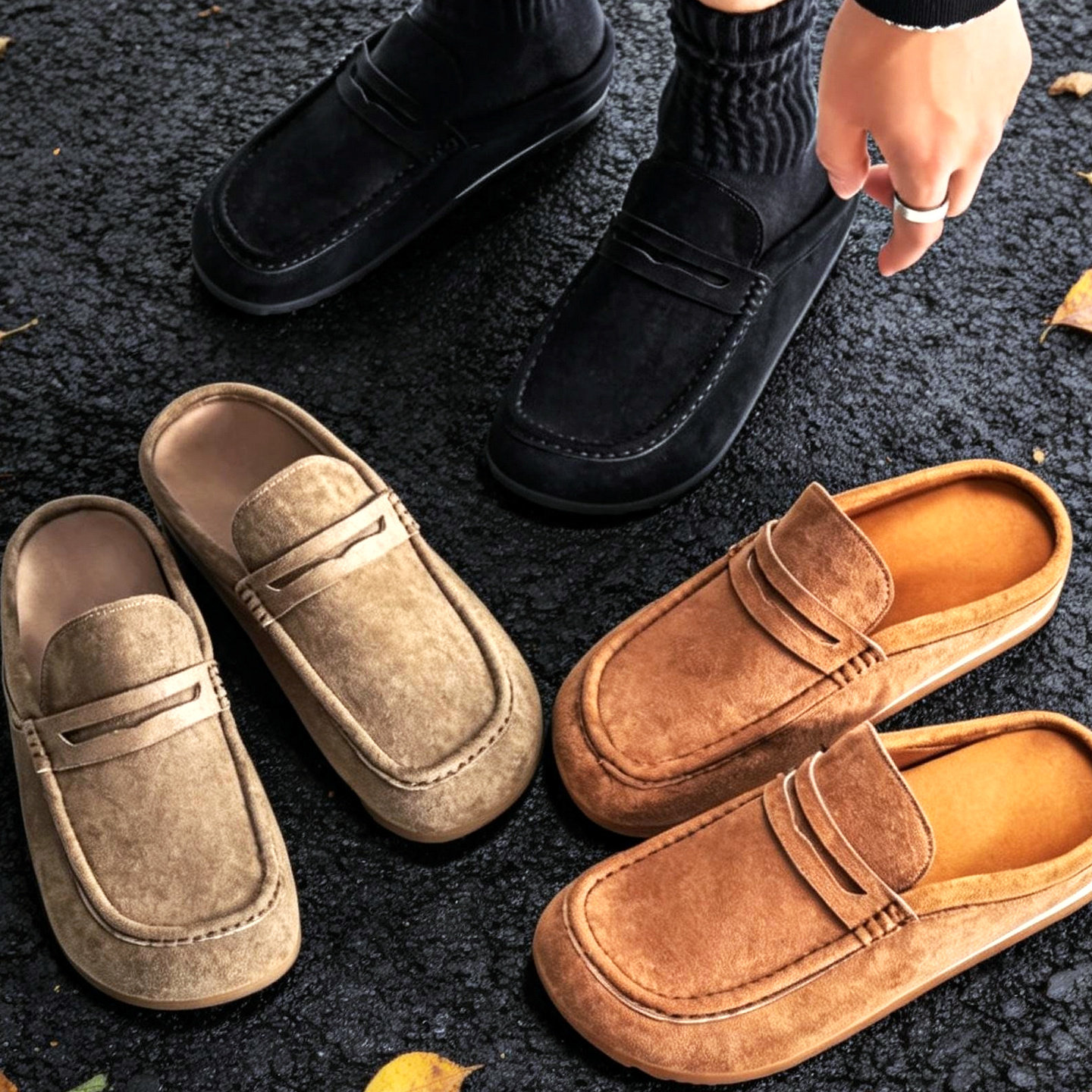 懒人鞋男鞋一脚蹬鞋乐福鞋复古半拖无跟日系圆头休闲老钱风豆豆鞋