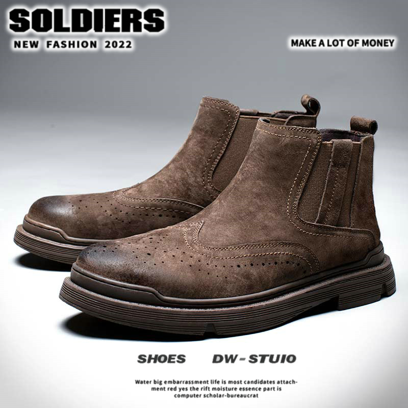 切尔西靴男士英伦风雕花复古短筒厚底高级感短靴子真皮高帮马丁靴