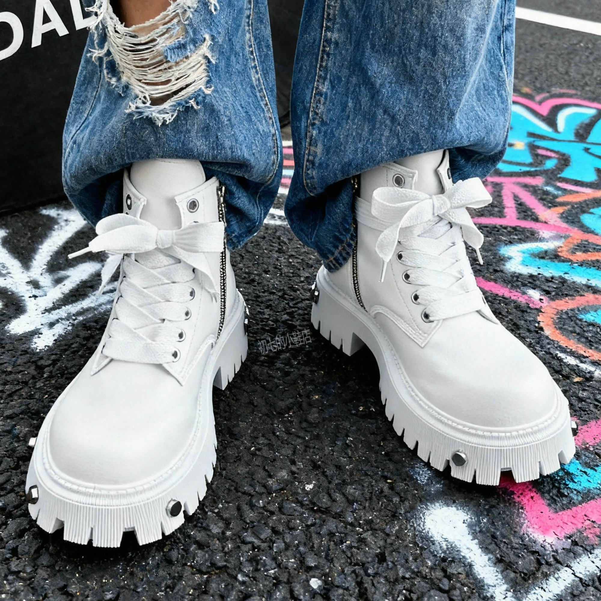 马丁靴男鞋高帮潮靴子增高全白色高级感纯白朋克风欧美时尚机车靴