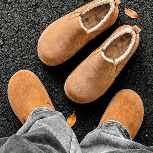 棉鞋男鞋冬季板鞋加绒一脚蹬懒人鞋日系豆豆鞋复古软底低帮雪地靴