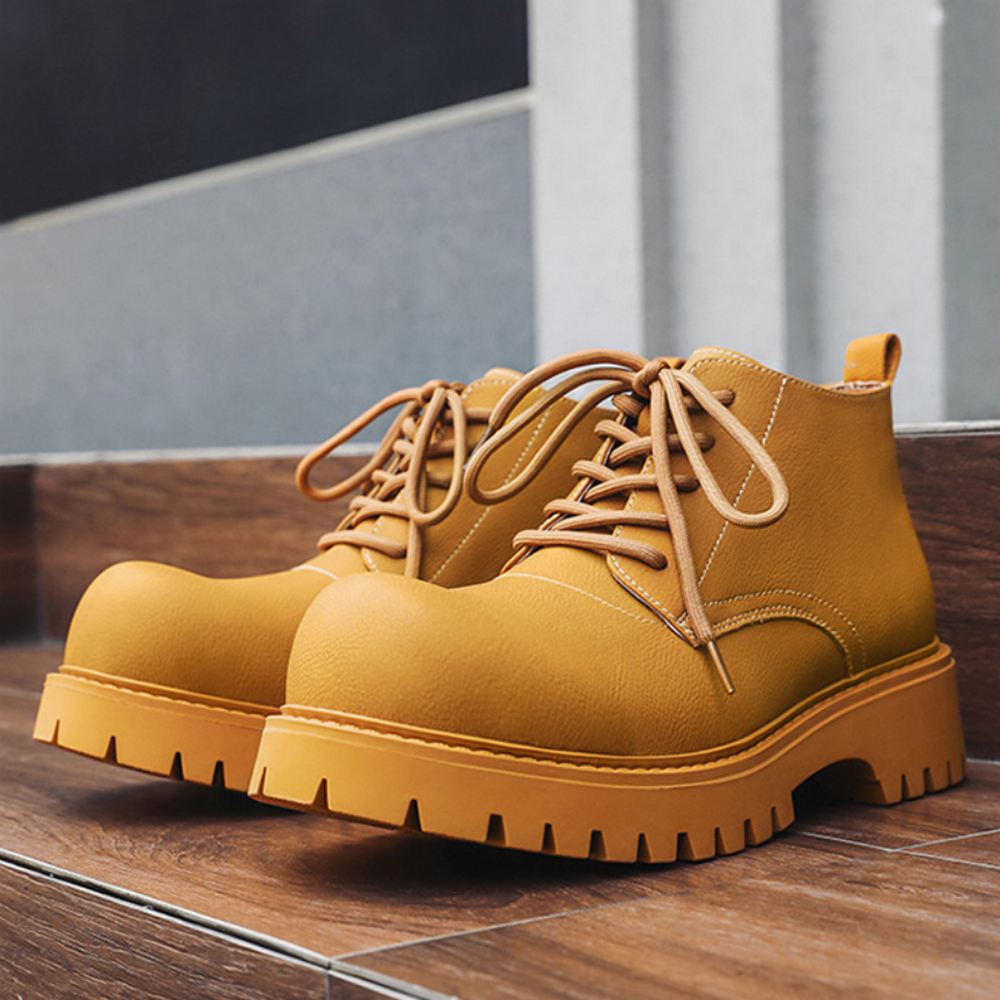 大黄靴男鞋高帮马丁靴真皮大头高级感小众黄色中帮短靴美式工装靴