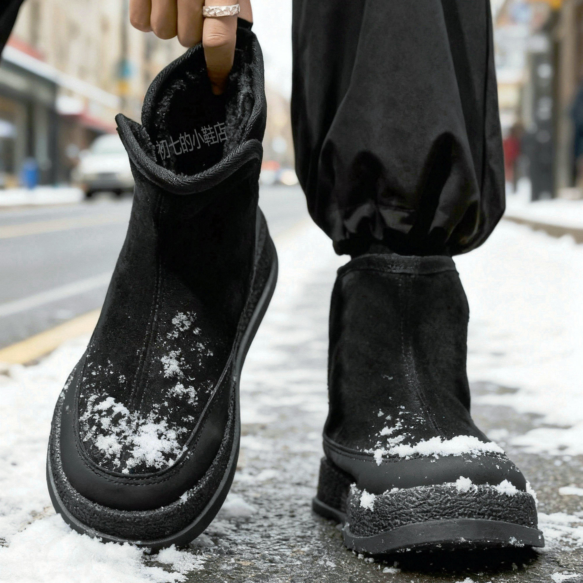 雪地靴男鞋加绒马丁靴冬季中筒棉鞋厚底防滑棉靴加厚黑色切尔西靴