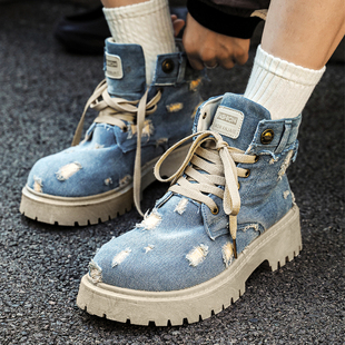 马丁靴男鞋潮小众破洞帆布靴原创设计感短靴子牛仔布面工装高帮鞋