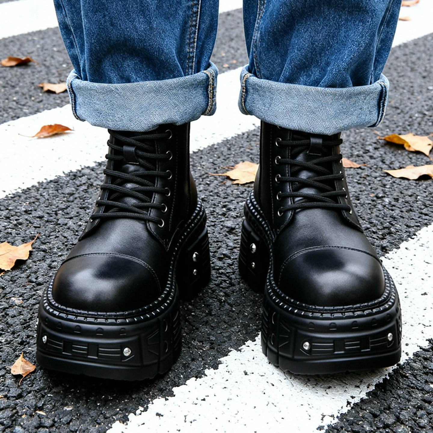 男士马丁靴增高8cm美式潮靴子黑色真皮小众痞帅厚底拉链高帮皮靴