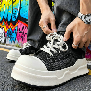 大头帆布鞋男鞋蓝色水洗牛仔布面复古美式厚底面包鞋小众板鞋男生