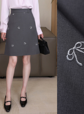 【新春特惠】蝴蝶结刺绣紫色半裙春季高腰显瘦气质A字西装裙 1110