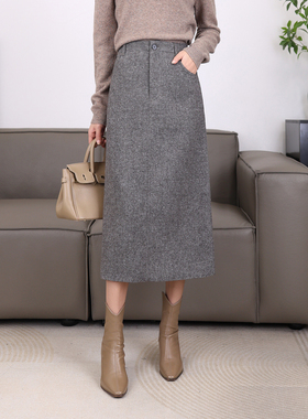 毛呢半身裙女2026冬季新款松紧高腰直筒裙高级感休闲长裙21755