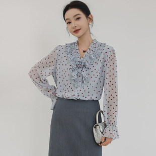 蓝色波点雪纺衬衫女2026春季新款通勤飘带衬衣超好看别致漂亮上衣