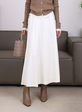 麦穗麻花针织半身裙2025秋冬新款松紧腰a字裙流苏百褶大摆裙21671