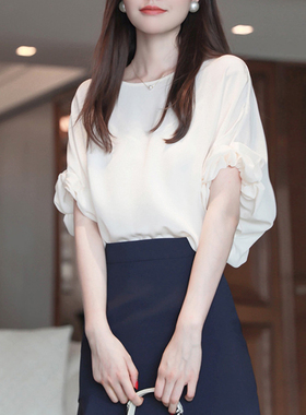 雪纺衫女短袖洋气小衫2025夏季女装泡泡袖白色衬衫上衣女22679