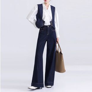 深蓝色阔腿牛仔裤子女2026春季新款法式复古时尚牛仔西装马甲套装