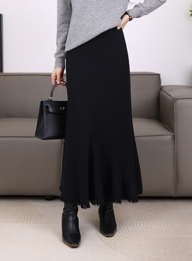 流苏针织半裙冬季2026新款松紧高腰显瘦大摆裙垂感a字鱼尾裙21679