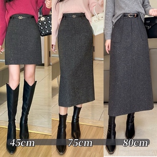 亮片羊毛呢半身裙秋冬新款设计感高腰直筒包臀裙小个子A字裙28672