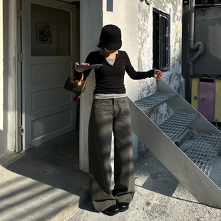 Our2【复古灰绿裤 】秋冬宽松时尚百搭直筒复古设计款灰绿休闲裤