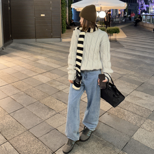 显腿长阔腿休闲长裤 Our2蓝色高腰直筒牛仔裤 韩版 2023新款 潮 冬季