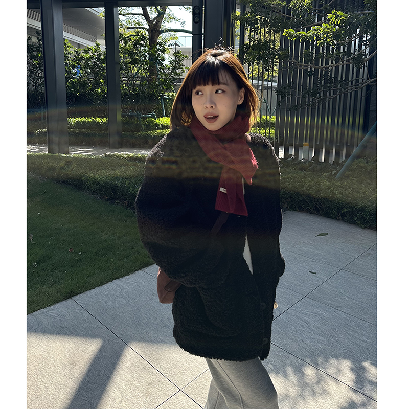 气质皮毛一体黑色针织开衫外套