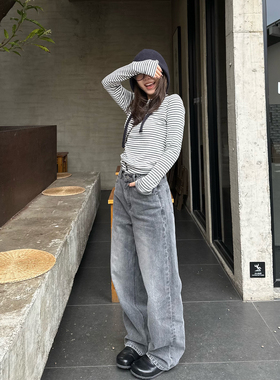 Our2【韩代灰黑牛仔】2025秋冬新款复古直筒设计感黑灰色牛仔长裤