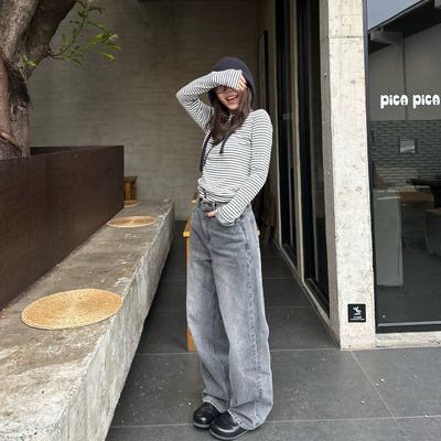 Our2【韩代灰黑牛仔】2025秋冬新款复古直筒设计感黑灰色牛仔长裤