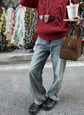 Our2复古蓝高腰直筒牛仔裤新款2023百搭休闲宽松拖地裤显瘦裤子