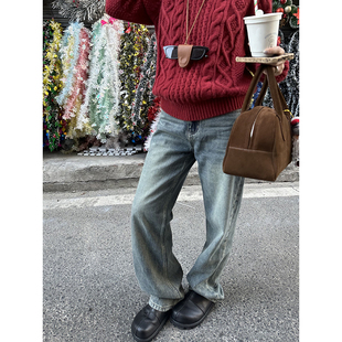 显瘦裤 2023百搭休闲宽松拖地裤 子 新款 Our2复古蓝高腰直筒牛仔裤