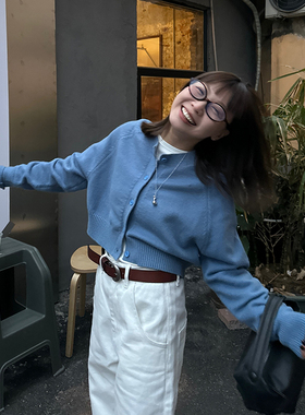 Our2设计感蓝色针织开衫短款女春季2024新款韩版宽松百搭毛衣外套