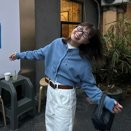 Our2设计感蓝色针织开衫短款女春季2024新款韩版宽松百搭毛衣外套