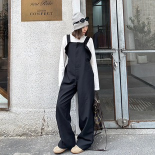 简约直筒显瘦阔腿连体裤 Our2黑色休闲背带裤 女宽松秋冬2023新款