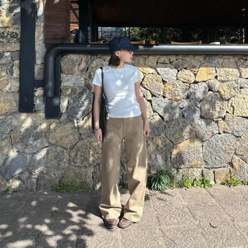 Our2【无腰头卡其裤】中腰复古百搭显瘦垂感直筒牛仔休闲裤