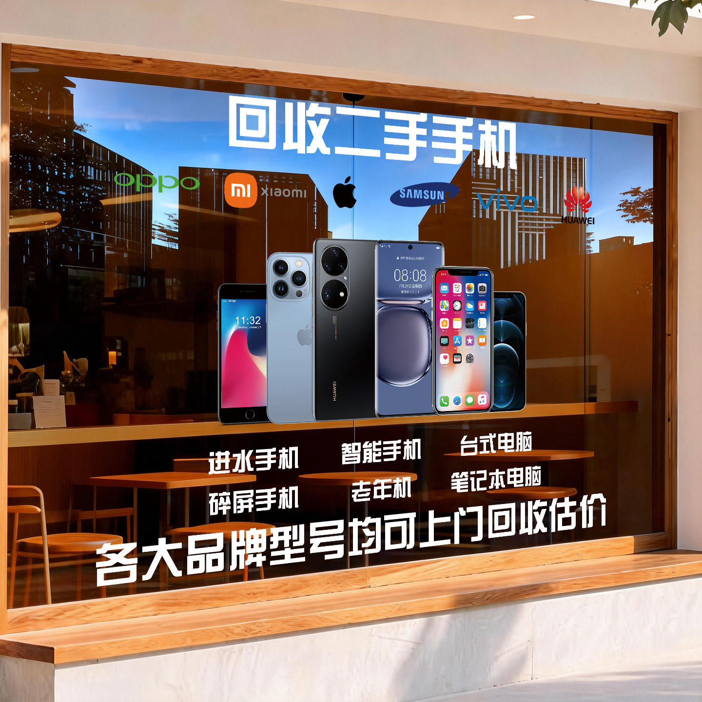 手机店广告贴纸二手回收以旧换新置换活动海报玻璃门橱窗贴装饰