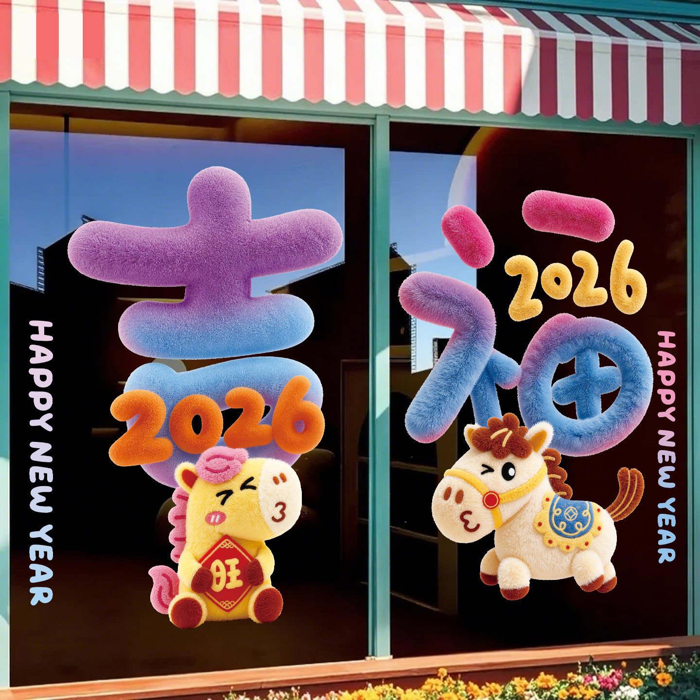 5D毛绒小马窗花贴纸玻璃静电贴门贴商场橱窗窗贴氛围布置门贴装饰,家居饰品,门贴,淘宝优惠券,粉丝福利购,淘宝优惠卷