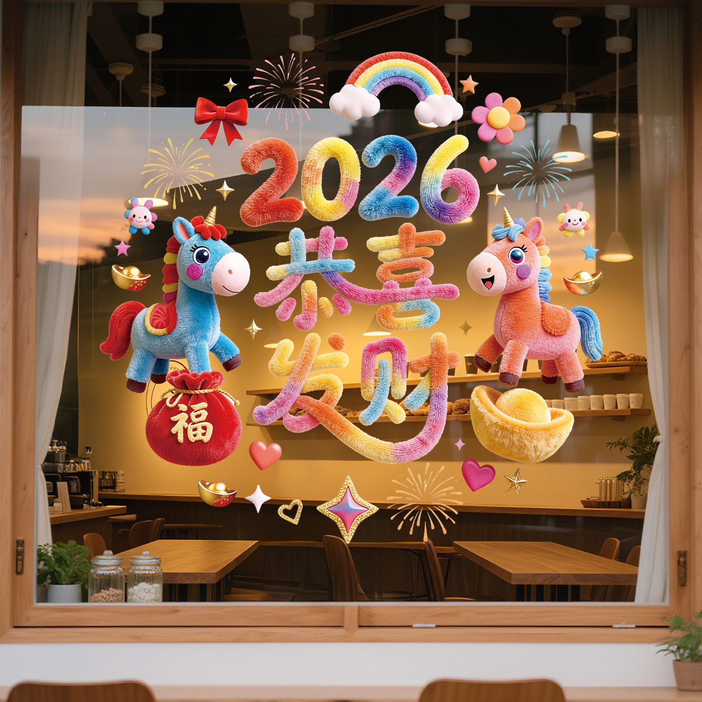 5D毛绒小马恭喜发财高级感玻璃贴纸创意新年氛围布置橱窗窗贴装饰,家居饰品,门贴,淘宝优惠券,粉丝福利购,淘宝优惠卷