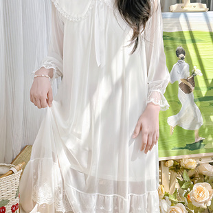 白色宫廷风仙女长袖长款连衣裙睡裙女春季新款莫代尔家居服睡衣