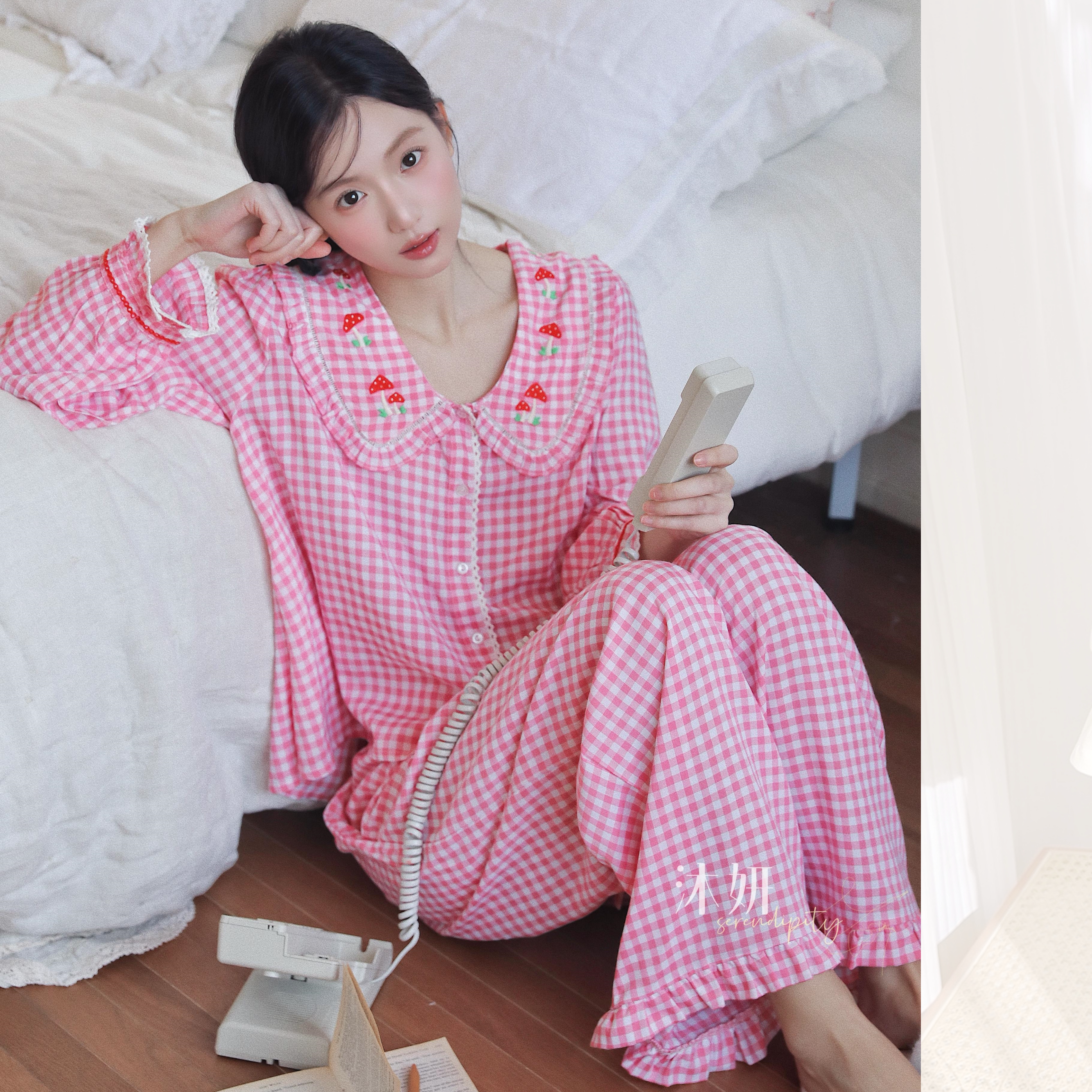 韩版甜美格子睡衣女高级感纯棉宽松宫廷风女款法式粉色全棉家居服