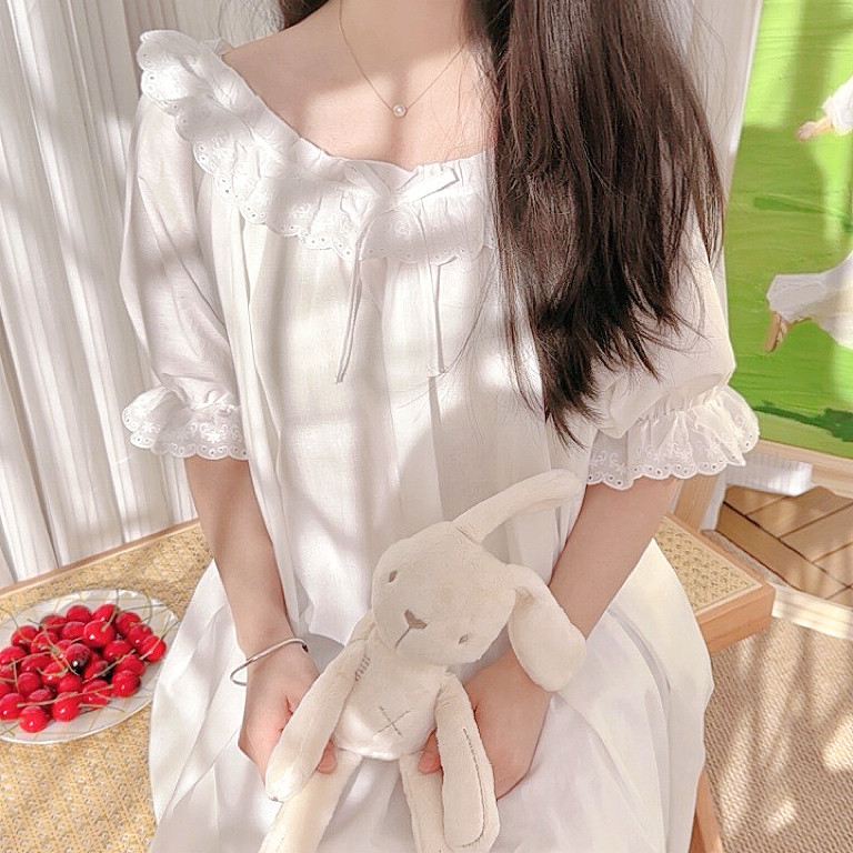宫廷公主风睡裙女夏季2025新款甜美少女短袖纯棉蕾丝白色睡衣女夏