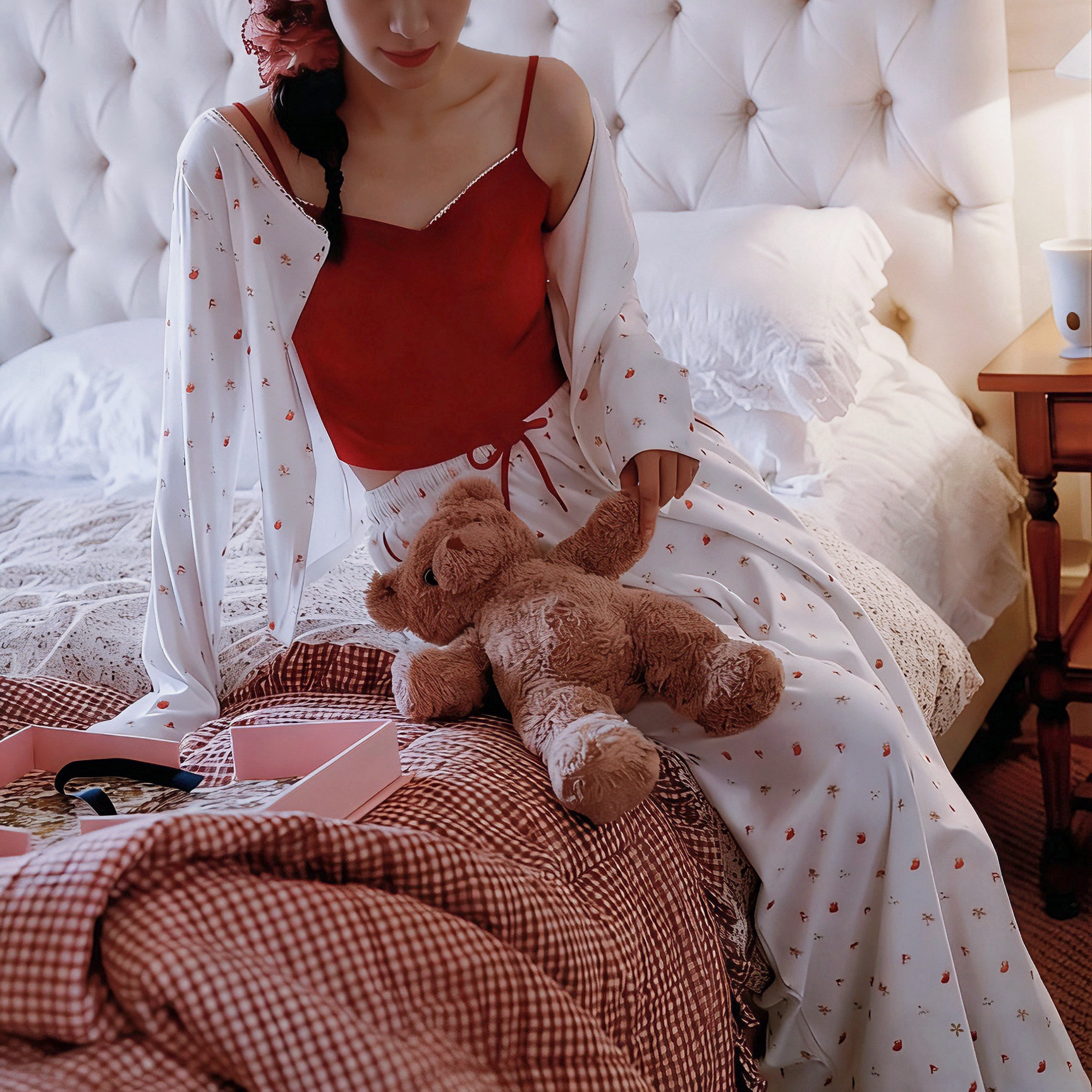 甜美睡衣女纯棉吊带开衫长裤三件套带胸垫满印雪人慵懒风居家套装