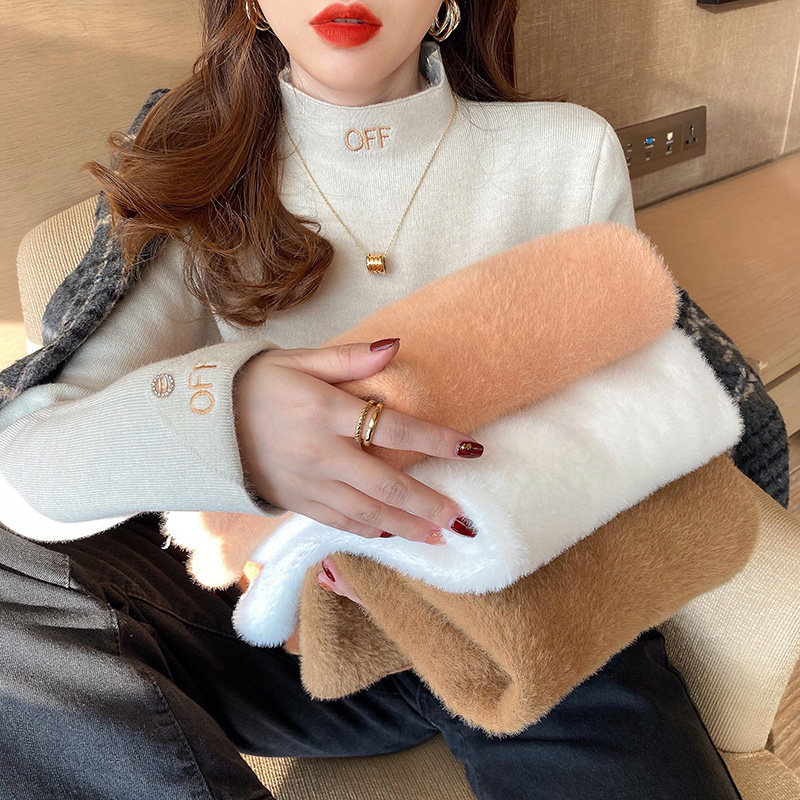 一体绒打底针织衫秋冬修身加绒加厚水貂绒半高领毛衣女内搭上衣潮