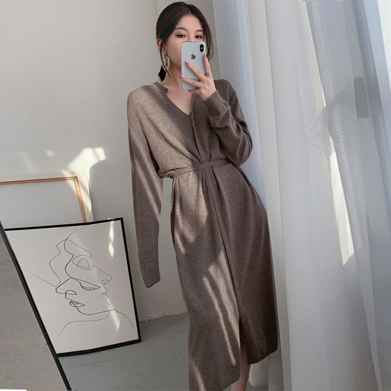 过膝慵过风新款收腰打底毛衣裙