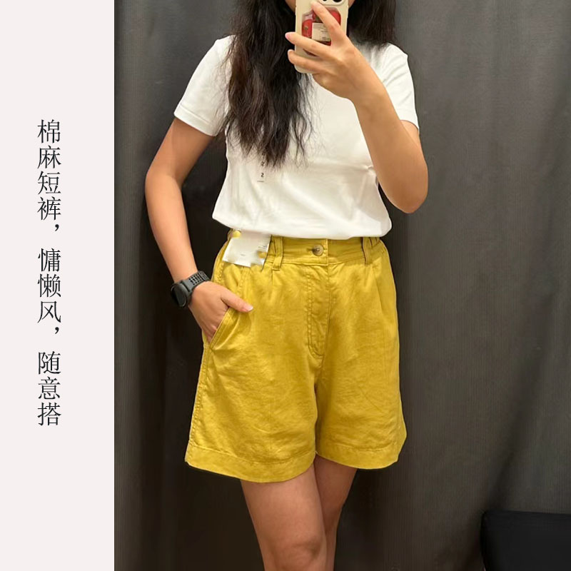 百搭抽绳棉麻短裤直筒休闲中裤女