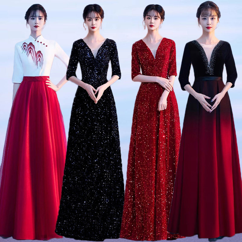 大合唱团演出服女长裙红歌比赛服装红色新款朗诵指挥主持人晚礼服