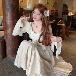 设计新款连衣裙长袖高腰飘带气质上衣鱼尾拼接蕾丝裙子套装半裙