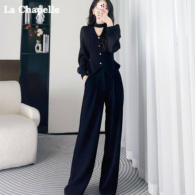 拉夏贝尔开春穿搭一整套黑色套装女超火减龄高级感通勤职业两件套